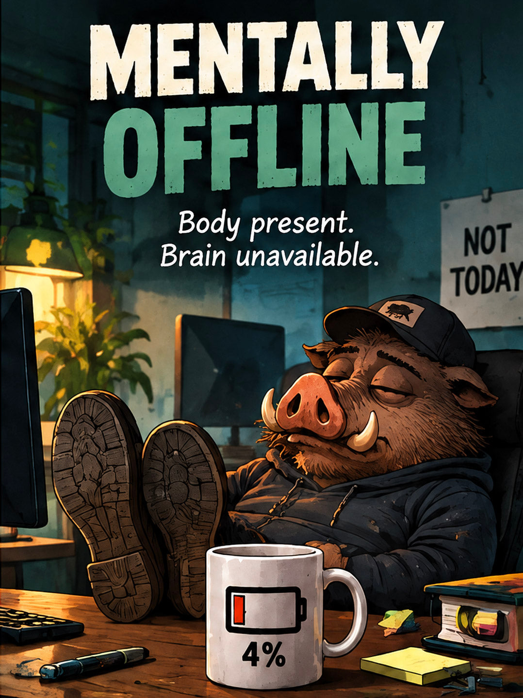 Tired Dull Hog with feet on desk and low battery coffee mug – Mentally Offline collection