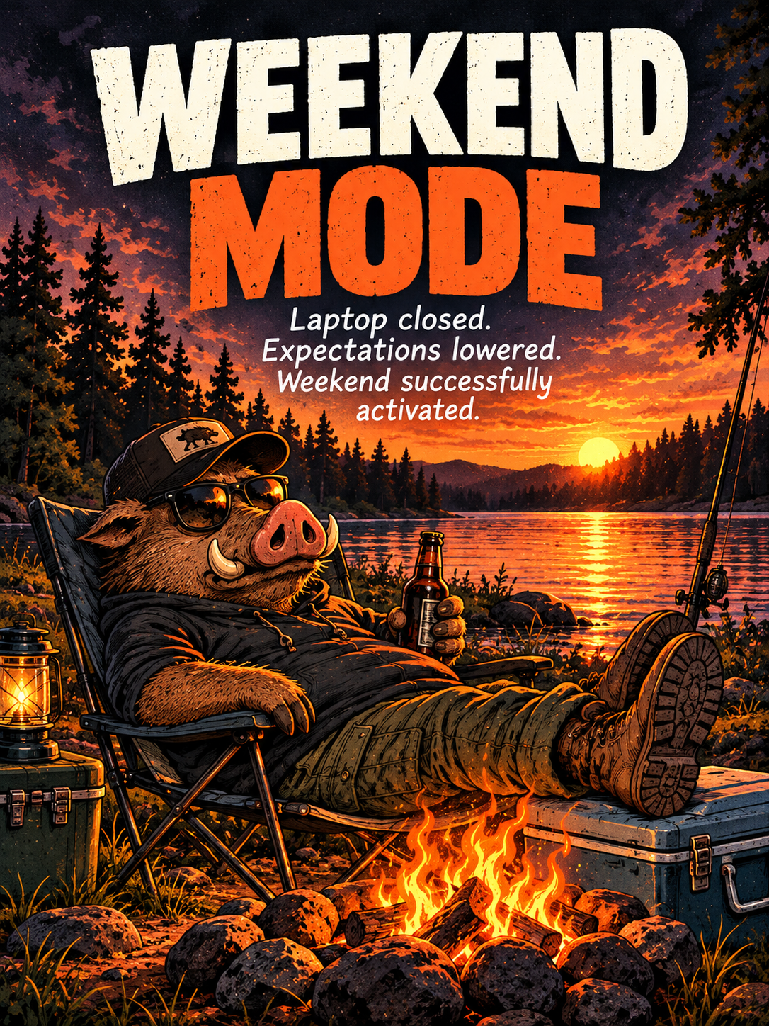 Dull Hog relaxing by a campfire and lake – funny Weekend Mode collection