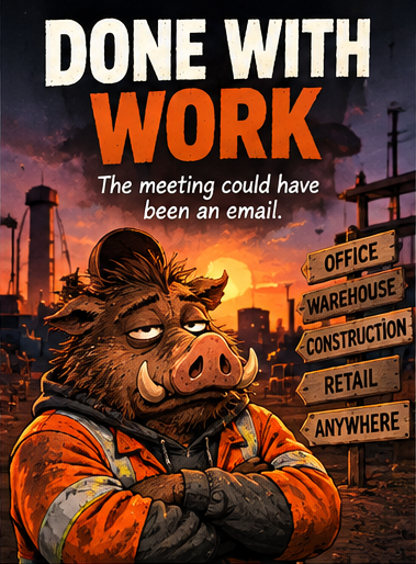 Fed-up Dull Hog worker at sunset – funny anti-work and workplace humor collection