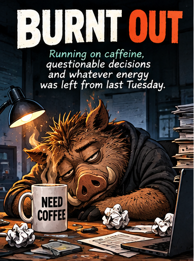 Exhausted Dull Hog at a desk with coffee – Burnt Out work humor collection