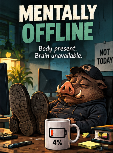 Tired Dull Hog with feet on desk and low battery coffee mug – Mentally Offline collection