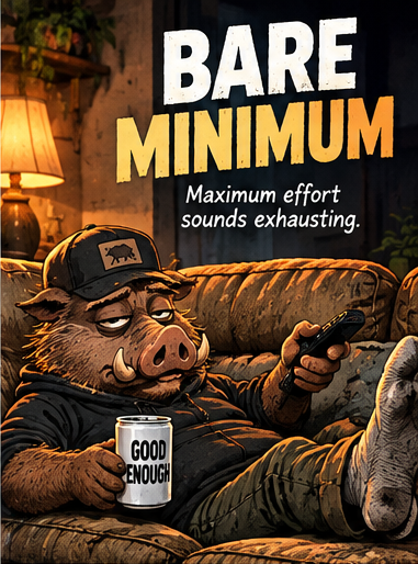 Dull Hog relaxing on a couch with Good Enough mug – Bare Minimum anti-hustle collection